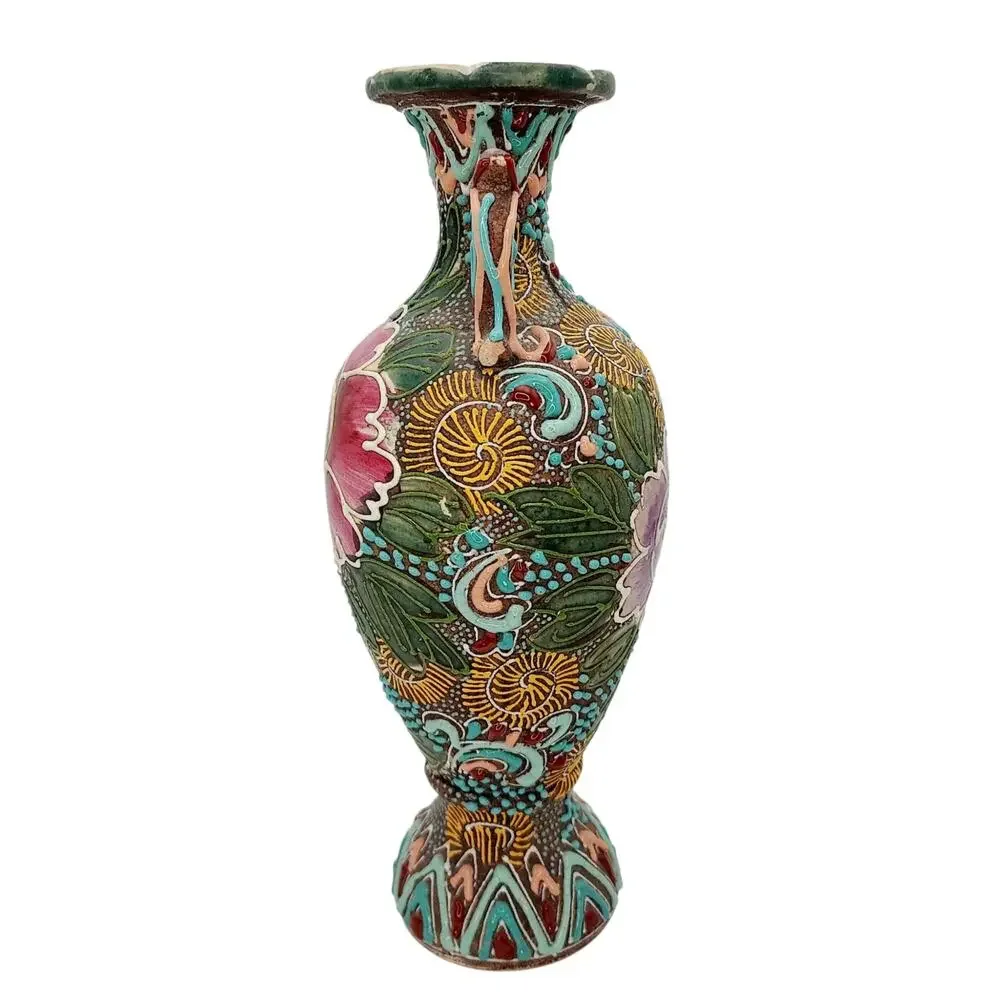 Antique Japanese Satsuma Earthenware Vase Urn Heavy Moriage  Hand Painted Floral